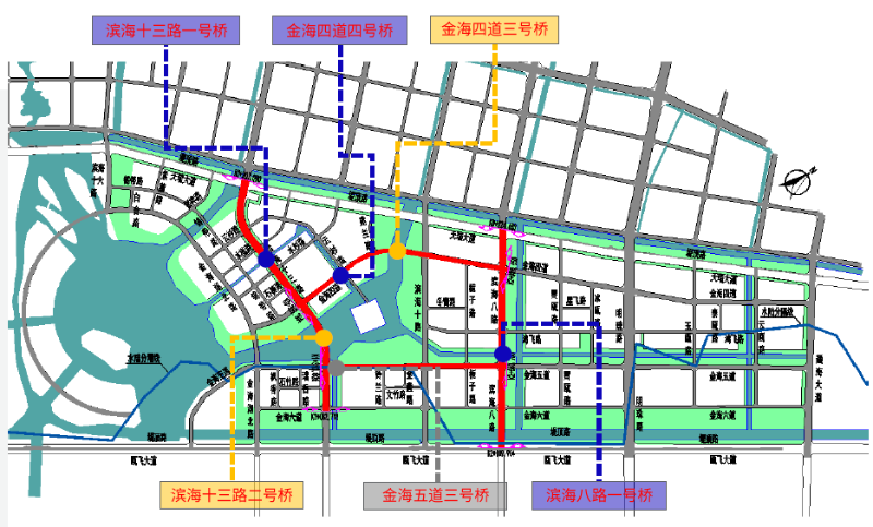 本項(xiàng)目市政道路及橋梁示意圖（圖中加粗紅線）